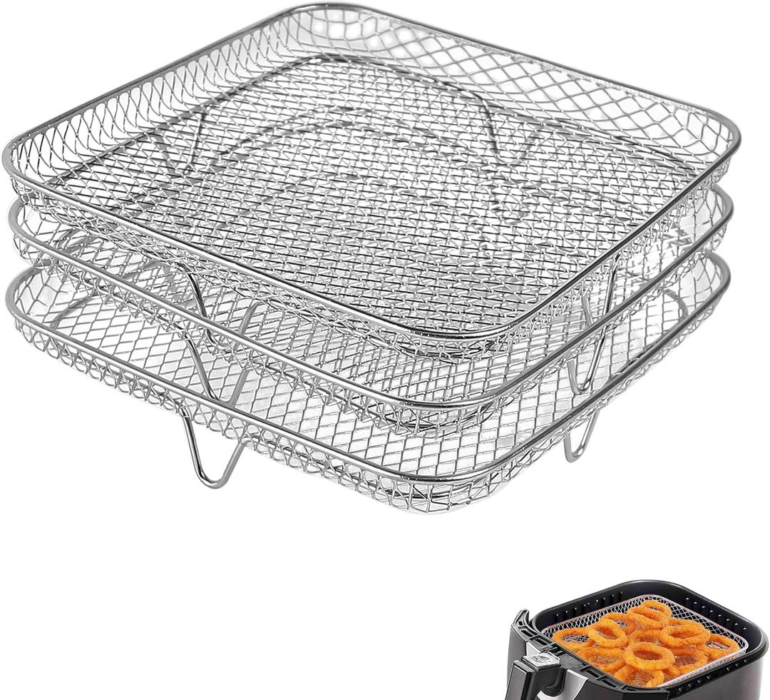 RAMLLY 8 inch Air Fryer Rack for Instant Vortex Fryer, Philips, COSORI Fryer, Square Three Stackable Racks, Stainless Steel Multi-Layer Dehydrator Rack, Air Accessories