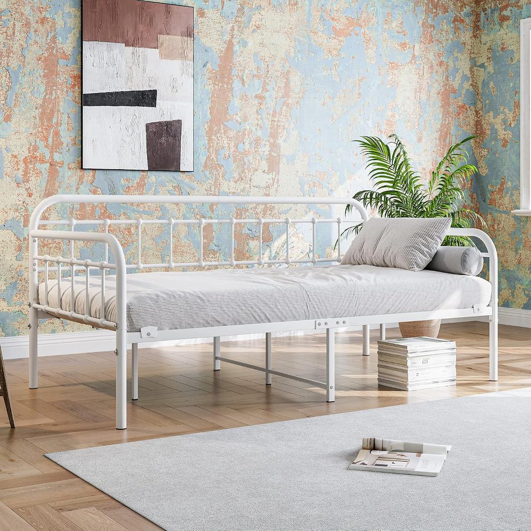 JURMERRY Metal Daybed Frame Twin Size with Steel Slats Platform Furniture, White