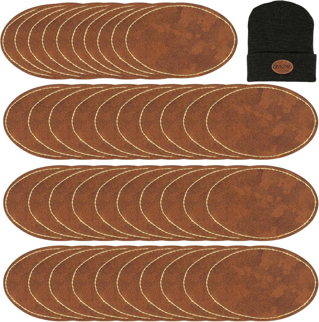 40 Pcs PU Leather Hat Patches Blank Leatherette with Adhesive for Laser Engraving Supplies Custom Fabric Repair Sew 3 x 2 Inches (Brown, Oval)