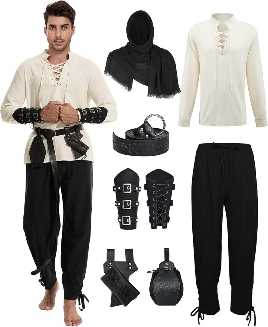 7 Pcs Men's Renaissance Costume Medieval Pirate Shirt Ankle Banded Pants Viking Costume Accessories Set (XX-Large, Black)