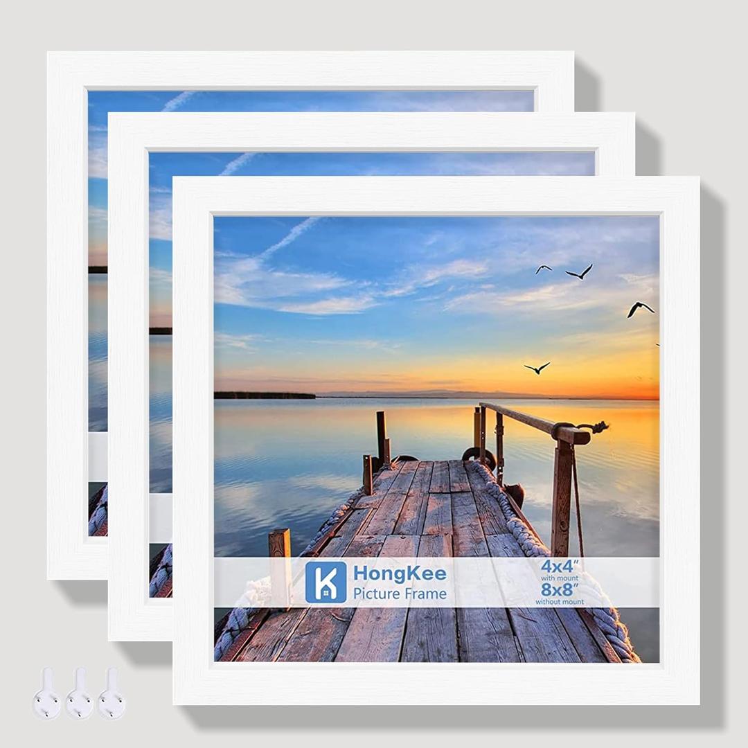 Hongkee 8x8 Picture Frames with Real Glass, White Wooden Square Photo frame Set of 3, Displays 4x4 Picture With Mat or 8x8 Without Mat, Desktop & Wall Collage Frame set