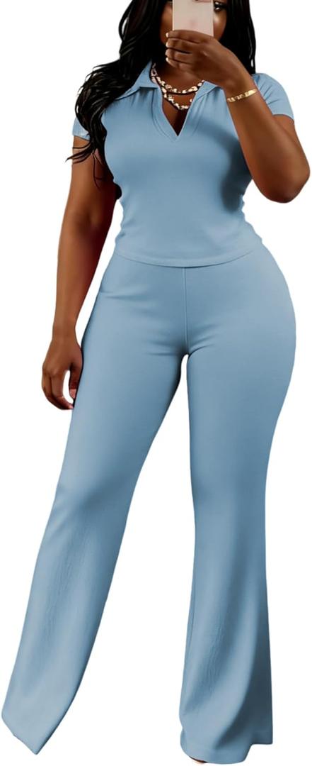 HBQ Women's 2 Piece Outfits Slim Fit V Neck Polo Top Flare Pants Short Sleeve Casual Matching Set-Blue-L