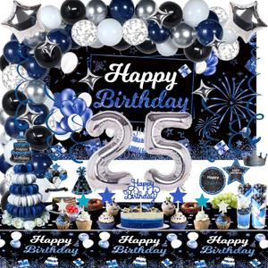 25th Birthday Decorations Set for Him, Navy Blue Silver Black; Includes Birthday Backdrop Banner, Tablecloth, 25 Number Balloons