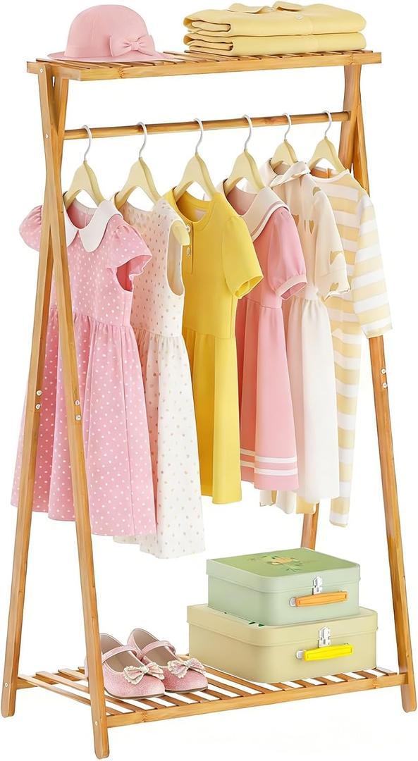 Bamboo Kids Clothing Rack,Small Dress Up Clothes Rack for Kids,Child Dress Up Rack with 2 Storage Shelves,Portable Garment Rack for Playroom Toddles Bedroom