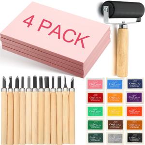 32 Pack Rubber Block Stamp Making Kit Includes 4 Carving Blocks, 15 Ink Pads for Stamps, 12 Hobby Knives, and 1 Rubber Roller Brayer for Printmaking Supplies Starter Kit