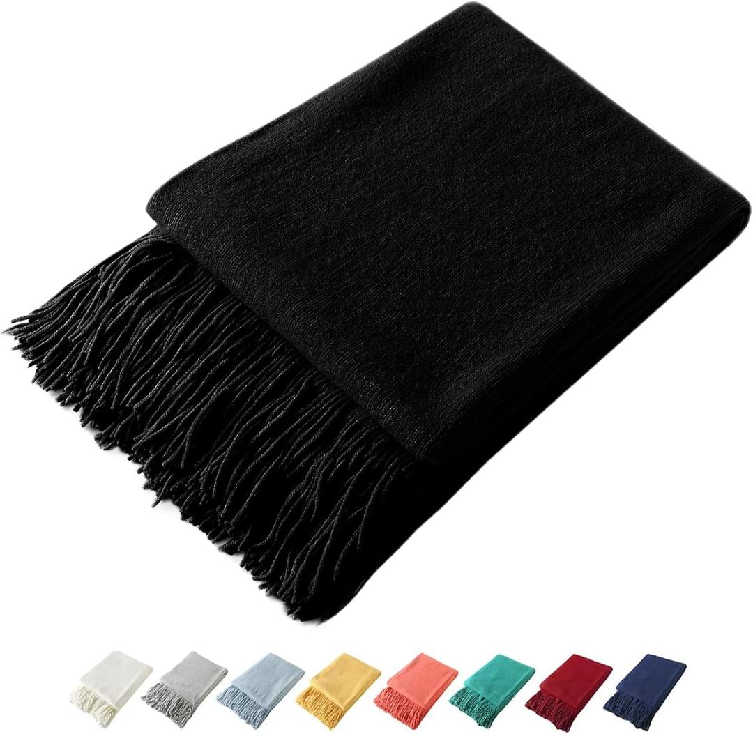 Homiest Decorative Knitted Throw with Fringe, Lightweight Acrylic Knit, Soft Tassel for Couch, Sofa, Bed (Black, 50 x 60 Inch)
