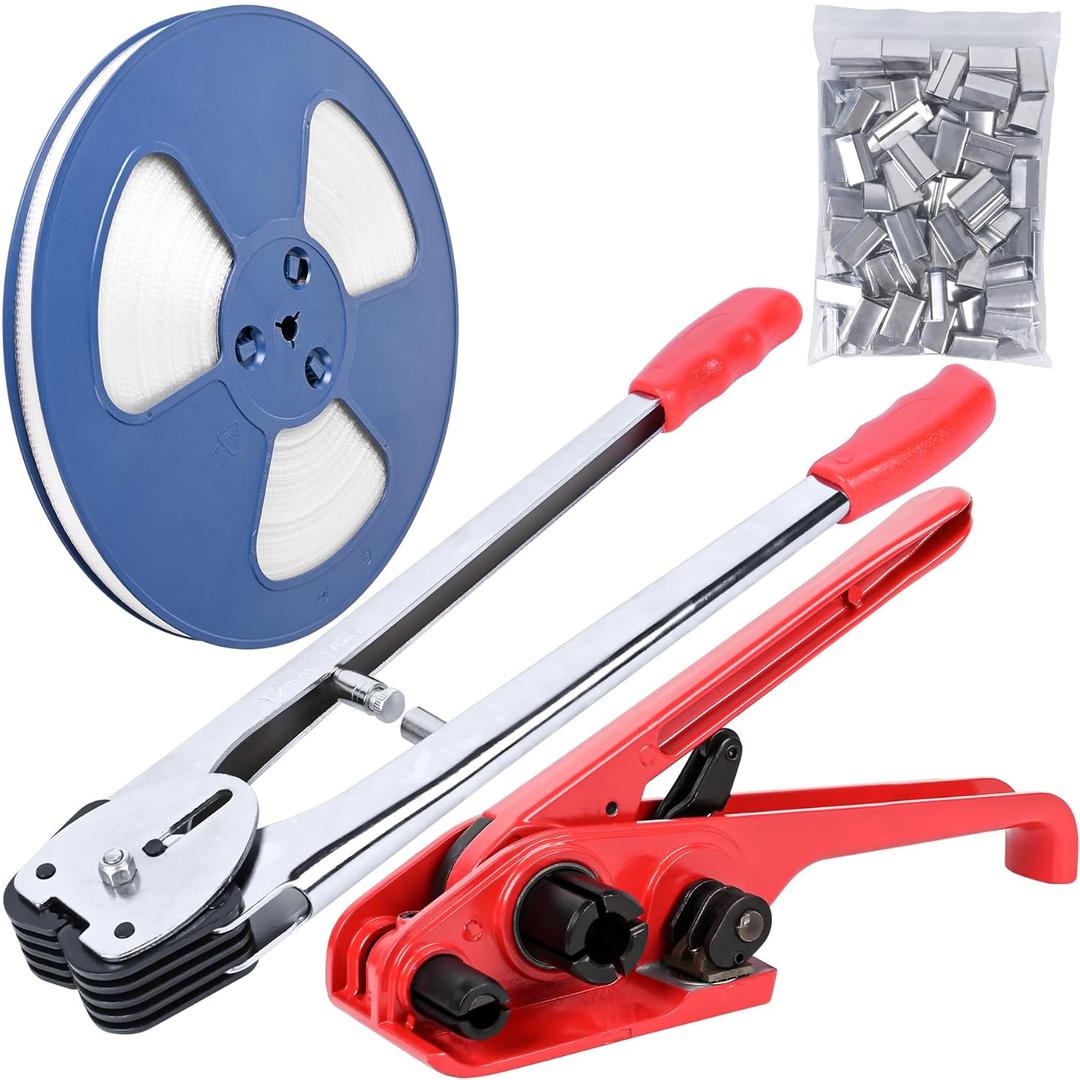 MYFAMIREA Heavy Duty Banding Strapping Kit with Tensioner Tool, 0.55'' x 3937'' Polypropylene Packaging Strapping Roll, 100 Metal Seals, Sealer Tool for Pallets, Logistics, Warehouse (Red)