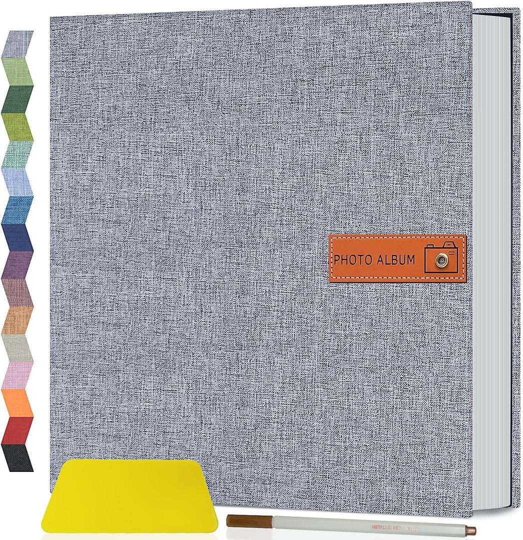 Popotop Large Photo Album Self Adhesive 4x6 5x7 8x10 Scrapbook Album DIY Picture Book,Gifts for Mom,Family Baby and Wedding,with Metal Pen and Plastic Board (Grey)