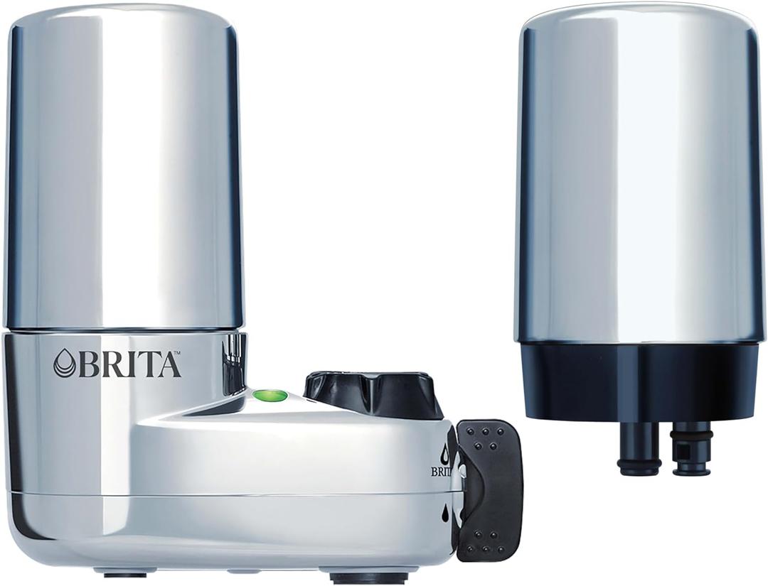 Brita Basic Faucet Mount Water Filtration System, BPA-Free Faucet Water Purifier for Sink, Reduces 99% of Lead, Filter Replaces 2,250 Plastic Water Bottles a Year, Lasts Four Months, Includes 1 System/2 Filters, Chrome