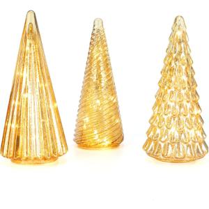 Table Top Christmas Tree Decorations with Fairy Lights,Gold Mercury Glass Finish, Holiday Table Centerpiece and Mantle Decor Set of 3 Assorted Trees
