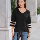 Women's V Neck Mesh Panel Sleeve Tops Tie Knot Hem Tops 2025 Summer Casual Blouses 3/4 Bell Sleeve Loose Shirt (Black, L)