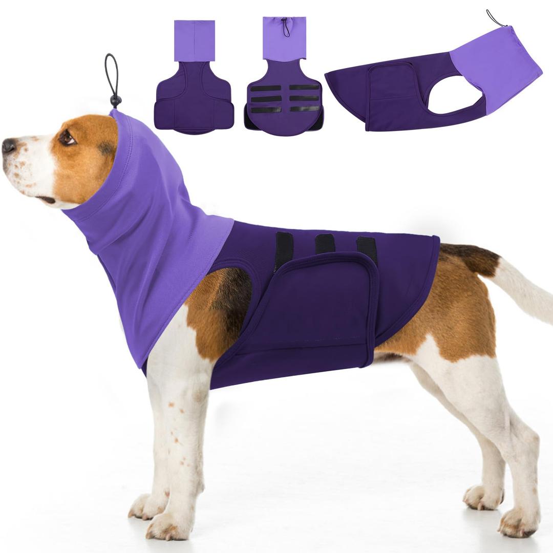 SAWMONG Dog Anxiety Vest, Breathable Calming Shirt Adjustable Chest & Hood for Dogs, Soft Pet Stress Relief Calming Coat Wraps Ears for Noise, Thunderstorms, Fireworks and Separation(Purple, 2X_Large)
