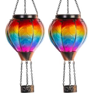 Starsoul 2 PC Rainbow Hot Air Balloon Solar Lantern with Flame Glass Outdoor Hanging Hot Air Balloon Solar Light Waterproof Garden Patio Yard Party Decorations