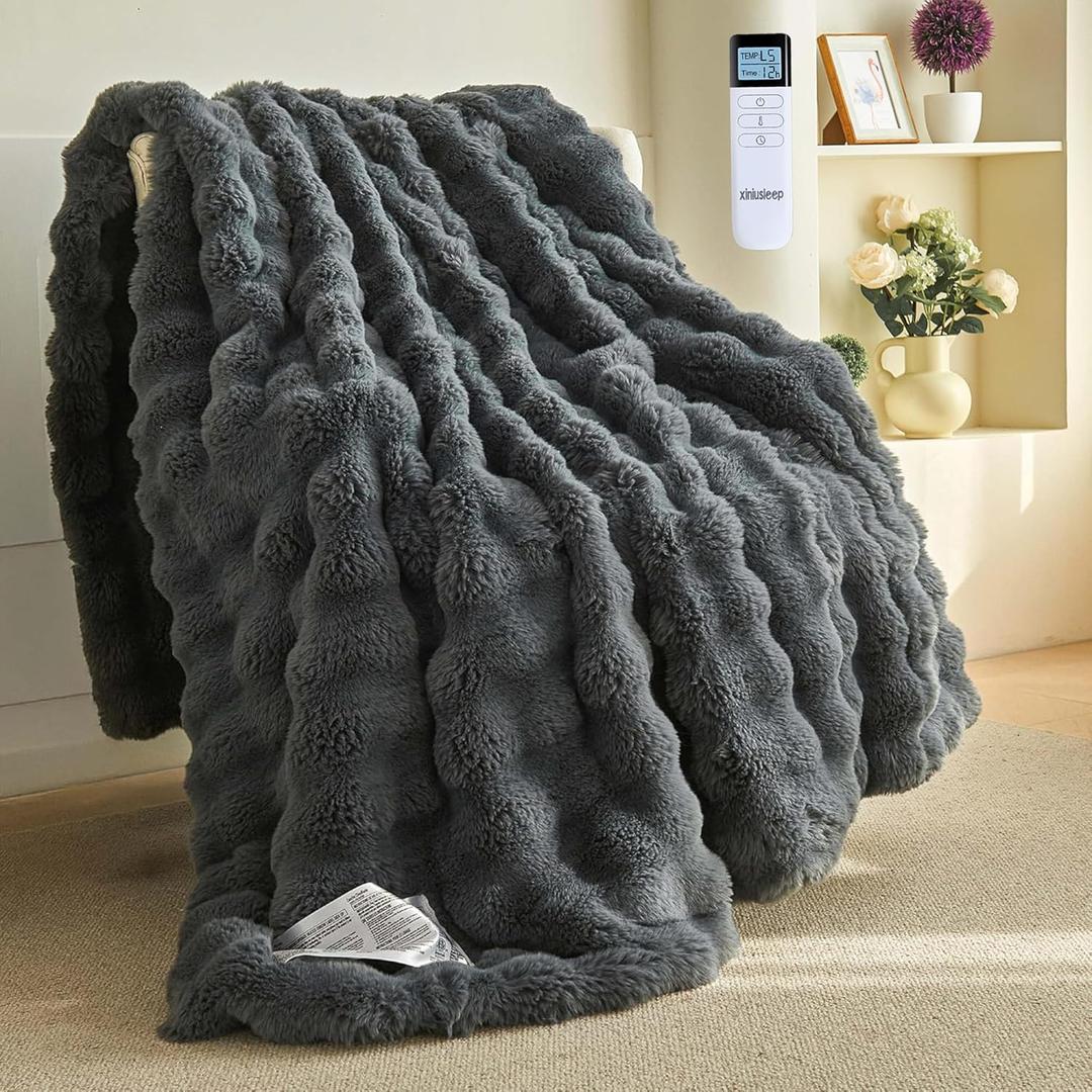Thick Bubble Faux Fur Heated Blanket Electric Blanket 62"x84", Soft Faux Rabbit Fur Heating Blankets with Overheat Protection, 12 Time Settings, 5 Heating Level, Machine Washable (Grey)