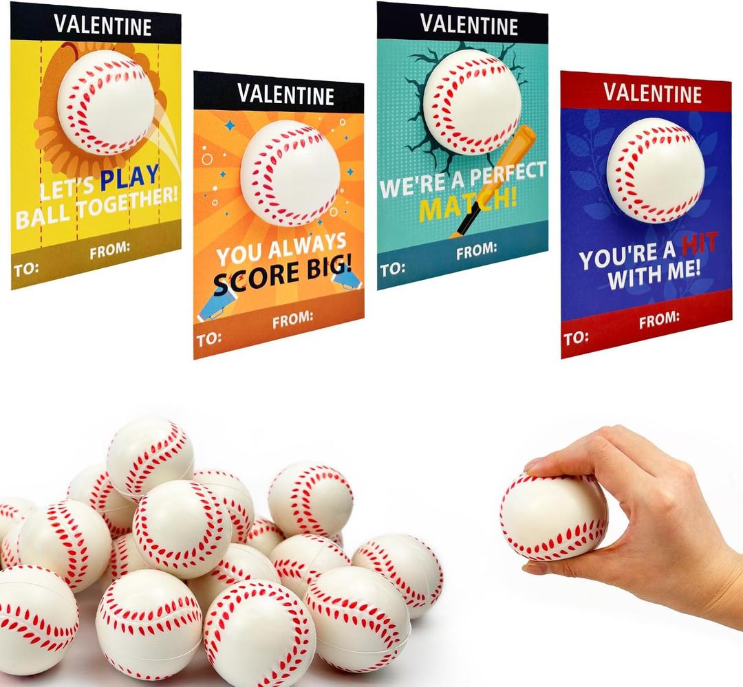 Baseball Valentines Day Cards Gifts for Kids School -24 Pack,Mini Foam Baseball Toys with Exchange Cards for Toddlers,Valentines Sport Goodie Bag Stuffer Classroom Favors Treats Prizes for Boys Girls