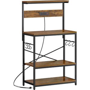 SUPERJARE Bakers Rack with Power Outlets, Microwave Stand, 31.5 X 16.5 Inch Larger Desktop, Kitchen Storage Rack with Adjustable Middle Shelf, 6 S-Shaped Hooks, Coffee Bar Stand, Rustic Brown