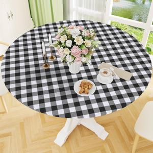 Smiry Round Picnic Tablecloth, Elastic Waterproof Fitted Vinyl Tablecloths for 31"-35" Tables, Flannel Backed Buffalo Plaid Table Cover for Dining, Camping, Outdoor, Black and White