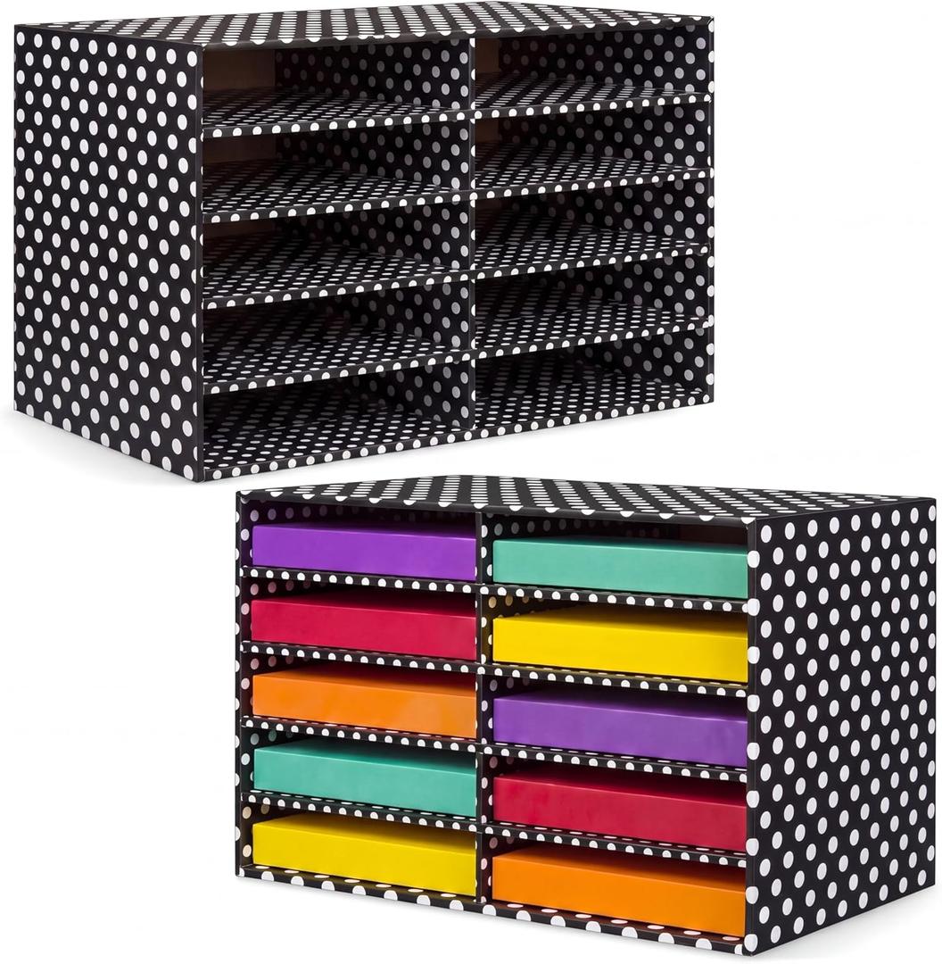 Eaasty 2 Pack 10 Slot Paper Storage Organizer, Back to School Construction Paper Holder for Office, Home, and School Use, 20.5 x 12.4 x 13.3 Inches(Polka Dots,Black)