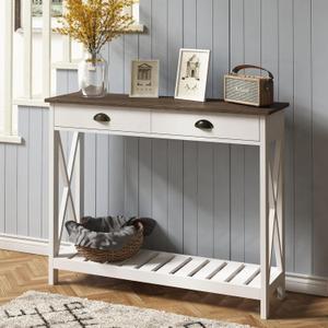 ChooChoo Farmhouse Console Table with Drawer for Entryway, Narrow Long Entry Table with Shelf for Living Room, Rustic Vintage Hallway Sofa Table with Stable X Supports, 40 White (39.37"W*11.81"D x 31.5"H)