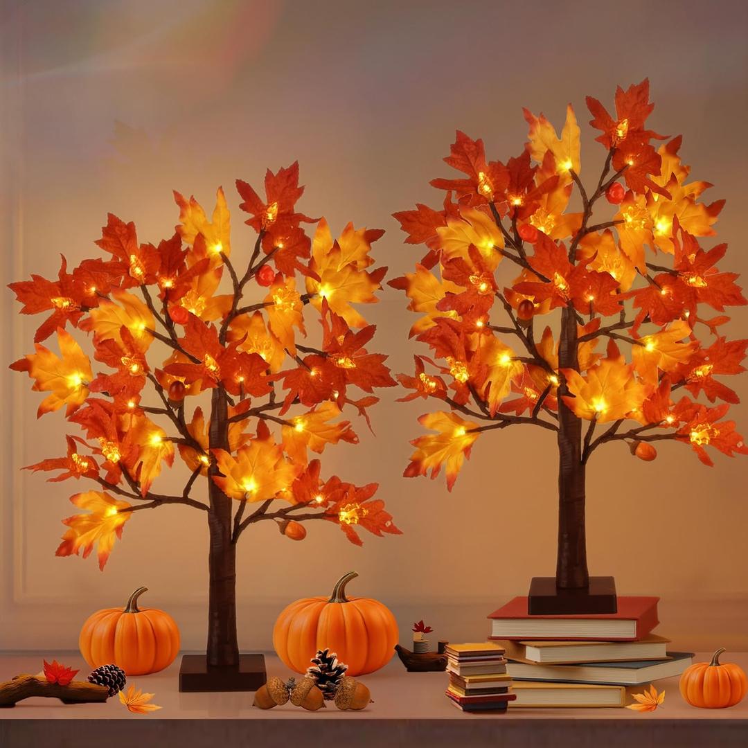 2 Pack Fall Maple Tree Fall Decorations for Home, Battery Operated 24" Tall 24 LED Lights Fall Tree with Timer for Party Tabletop Indoor Outdoor, Thanksgiving Gift Autumn Harvest Home Decor