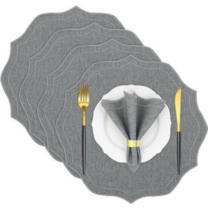 Cotton Linen Round Placemats Set of 4, HADEEONG Table Mats Cloth Placemats, Washable Wrinkle Resistance, Scalloped & Embroidered Fabric Placemats, 15.5 inch (Dark Grey, 4)