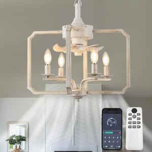 Chandelier Ceiling Fan, 20" Farmhouse Fandelier Ceiling Fans with Lights, Rustic Hanging Geometric Pendant Light Fixture for Bedroom, Dining Room, Kitchen Island, Foyer, Hallway-Rustic White