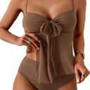 B2prity Tankini Swimsuits for Women, Tummy Control Flowy Mesh Tops, High Waisted Bottoms, Coquette 2 Piece Bathing Suits (Small, Brown)