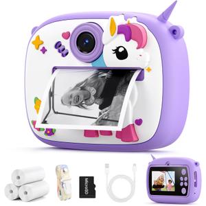 Kids Camera Instant Print, Kids Digital Camera with Photo Printing, Print Paper & 32GB Card, Kids Print Camera Birthday Gifts for Girls Boys 3 4 5 6 7 8 9 10 Year Old (Purple Unicorn)