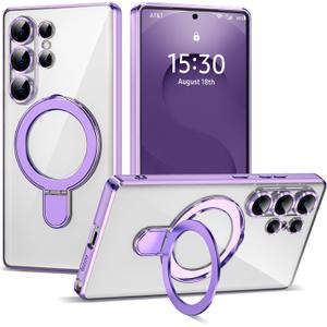Compatible with Samsung Galaxy S25 Ultra Case with Magnetic Ring Stand [Compatible with Mag-Safe] [Full Camera Lens Protector] Plating Clear Phone Case for S25 Ultra 6.9", Light Purple
