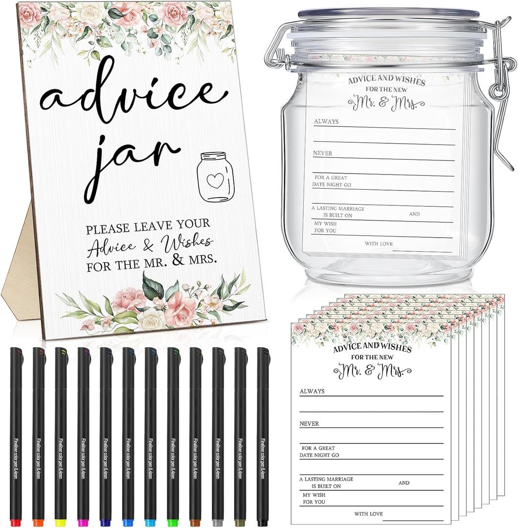 Sintuff 114 Pieces Floral Theme Bridal Shower Party Decor for Guest Include Advice and Wishes for The Mr and Mrs Wedding Advice Sign with Holder 100 Cards 12 Pens 1 Wishes Jar