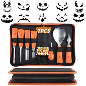 ENVEL Halloween Pumpkin Carving Kit, 7 Pcs Professional Stainless-Steel Pumpkin Tools Set Heavy-Duty Steel Cutting Easily for Art Crafts,Adults Kids