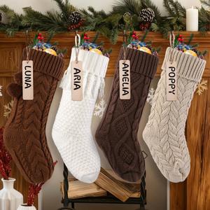 4 Pack 18 Inches Christmas Knitted Hanging Stockings, Xmas Large Farmhouse Rustic Neutral Cable Knit Personal Stockings Decorations for Christmas Tree Fireplace Family Holiday Party Decor (Brown Color)