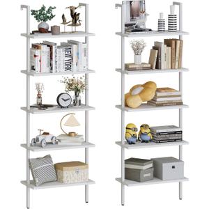 aboxoo Ladder Shelf 2 PCS White Bookshelf 5-Tier Wooden Open Shelf Wall-Mounted Wood Rack Industrial Modern Plant Flower Stand Utility Organizer Bookcase Metal Frame Furniture Office Kitchen Bedroom (White Wood)