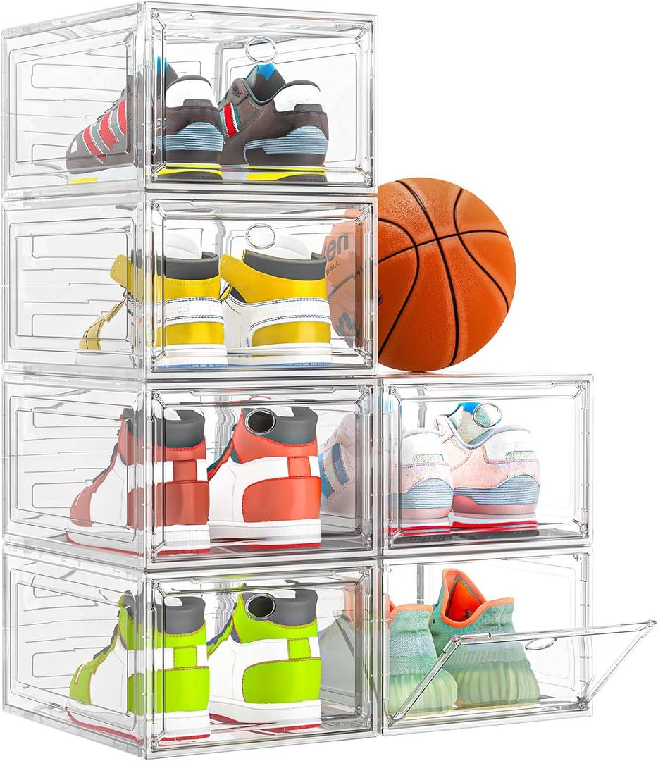 Thicken & Sturdy Clear Shoe Storage Organizer with Magnetic Door, Stackable Boxes for Closet, Foldable Space-Saving Shoe Rack for Sneaker Boot Container, Plastic Shoe Cabinet Shoe Box 6 Pack, White
