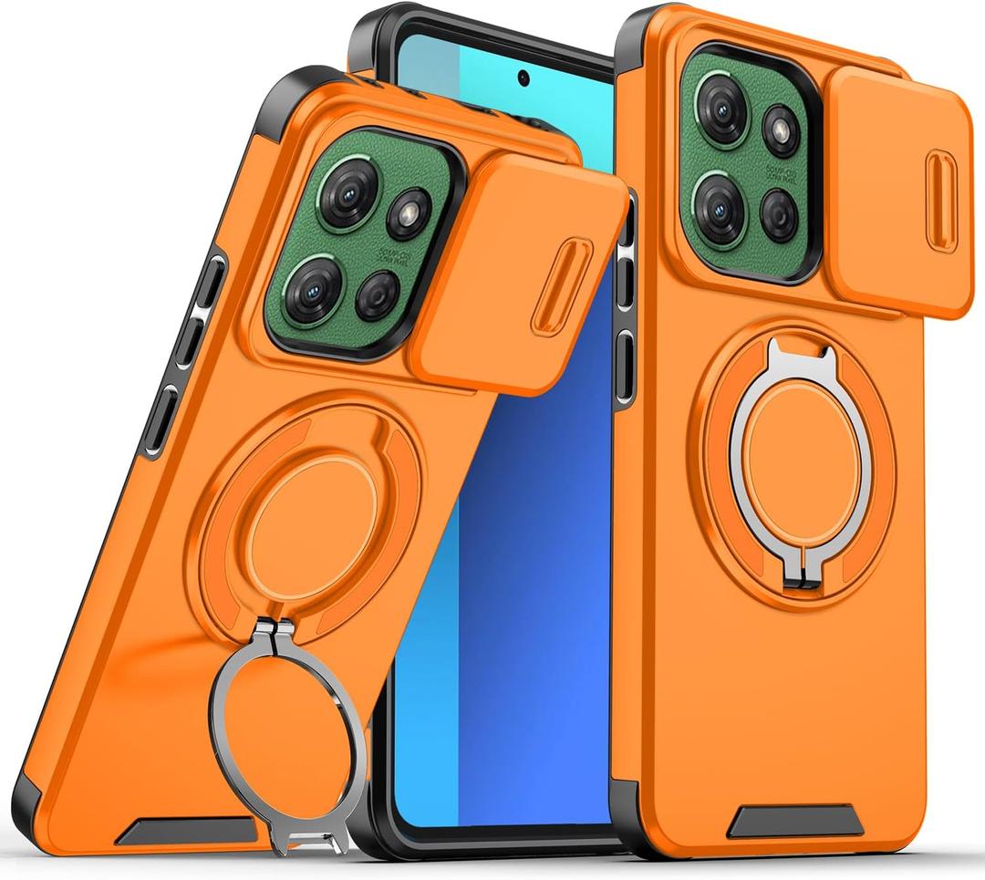 Motorola Moto G Stylus 5G 2025 Case with Slide Camera Cover and Rotating Kickstand Ring, Slim Magnetic Shockproof Accessories Phone Case for Moto G Stylus 5G 2025 (Orange)