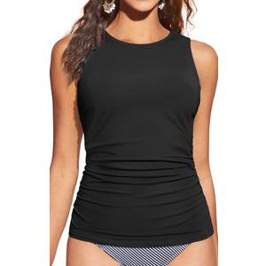 Tempt Me Women Tankini Top Only - High Neck Bathing Suit Tummy Control Swim Top 2025 (Black) Size: Medium