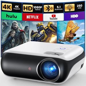 HAPPRUN Native 1080P Bluetooth Projector, Full HD Portable Outdoor Movie Projector with Built-in Speaker, Compatible with Smartphone, HDMI, USB, AV, Fire Stick, PS5 for Home, Bedroom, Outdoor Use, Projector Only