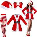 Funtery 5 Pcs Santa Claus Costume Women Christmas Suit Including Velvet Dress with Belt, Hat, Striped Tights, Velvet Gloves, medium