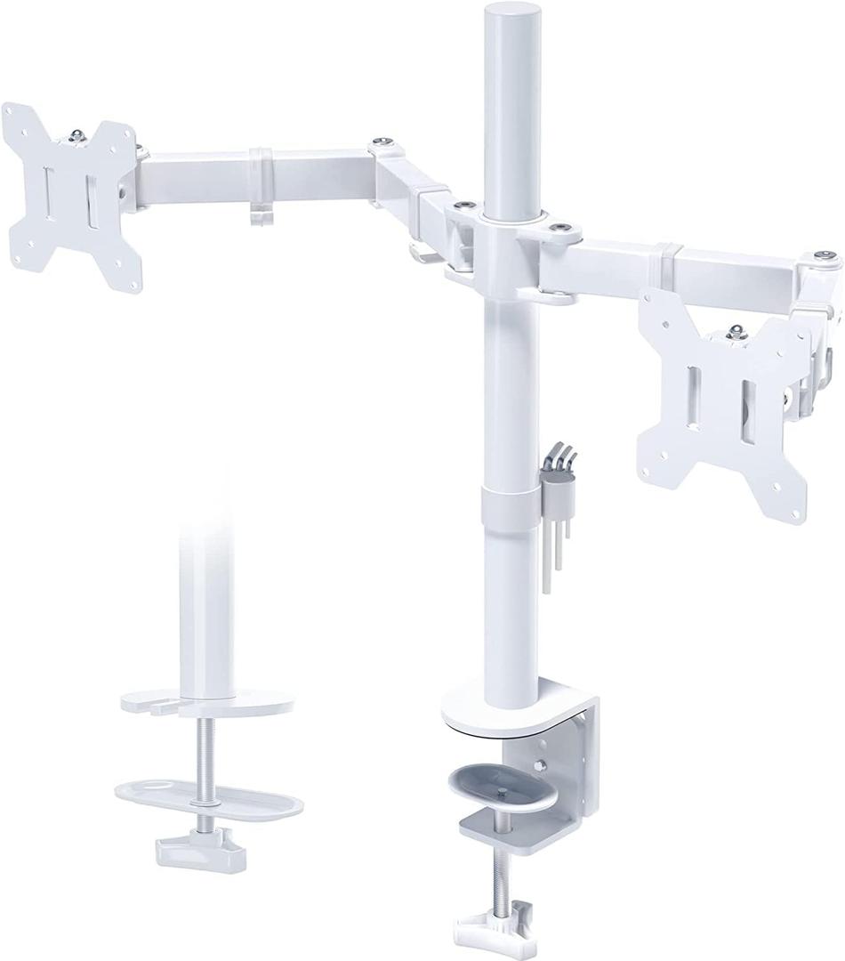 BONTEC Dual Monitor Desk Mount, Full Motion Adjustable White Monitor Stand for 1327 Inch Screens, Heavy Duty Arms Hold 22 lbs Each, VESA 75x75/100x100, C Clamp and Grommet Base, Cable Management