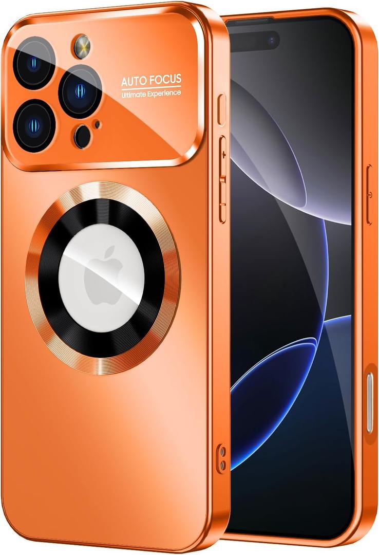 MAKAVO Magnetic for iPhone 16 Pro Max Case, Compatible with MagSafe, Built-in Camera Lens Protector, Logo View, Military Grade Drop Protection Phone Cover, Orange