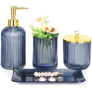 Haturi Bathroom Accessories Set, 4 Pcs Blue Glass Bathroom Accessories Sets Complete w/Lotion Soap Dispenser, Toothbrush Holder, Apothecary Jar, Vanity Tray, Bathroom Decor, Gift for Home Apartment
