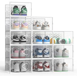 Hrrsaki X-Large 12 Pack Shoe Storage Organizer Boxes, Shoe Boxes Clear Plastic Stackable, Shoe Organizer for Closet, Plastic Shoe Boxes with Lids, Shoe Containers for Entryway, Bedroom, White