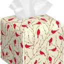 Cardinal Birds on Branches Tissue Box Cover,Red Berries Tissue Box Holder Square with Bottom Belt,Organizer Portable Decorative Facial Paper for Bedroom Dresser Office Desk,5.2" x 5.2" x 5.2"