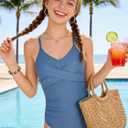 Girls One Piece Swimsuit with Cover Up Spaghetti Strap Cutout Ruched Bathing Suit Criss Cross Straps Swimwear (Blue, 13-4Y)