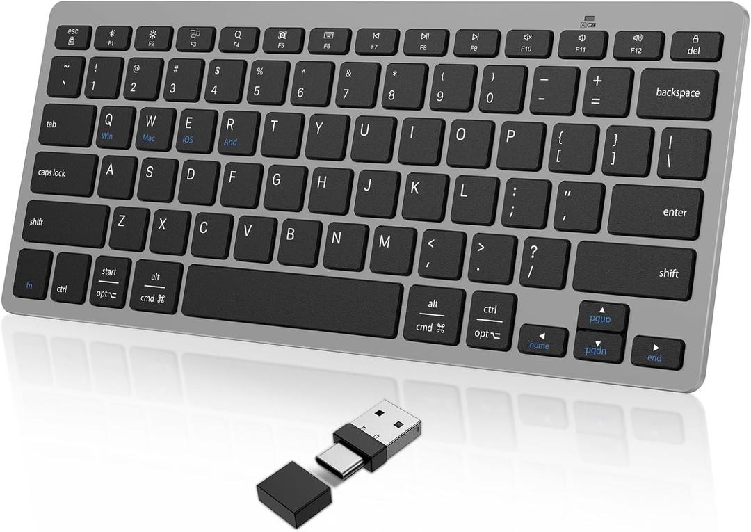 OMOTON 2.4G Wireless Keyboard, Ultra-Slim Compact Mini Keyboard with Type-C & USB-A Receiver, Compatible with Desktop Laptop Tablet PC Smart TV and Windows 11/10/8/7 - Grey
