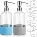 16 oz Hand and Dish Soap Dispenser Set for Kitchen and Bathroom, 500ml Clear Glass Soap Dispenser with Stainless Steel Pump, Non-Slip Silicone Sleeves, Labels - 2 Pack