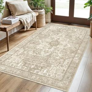 SIILOOM 3x5 Washable Area Rug for Entryway, Light Beige Grey Brown Soft Boho Rug with Non-Slip, Low-Pile Vintage Area Printed Rugs for Living Room Bedroom Dining, Dorm Carpet with Non-Shedding