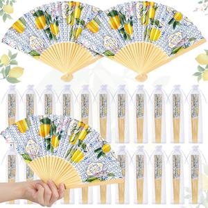 25 Sets Lemon Hand Folding Fans with Organza Bags Bulk, Guests Capri Lemon Wedding Favors for Decorations Mediterranean Paper Fans for Bridal Shower Wedding Bridesmaid Gift (Multicolor)