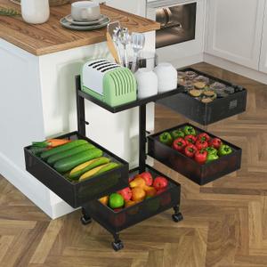 4-Tier Rotating Kitchen Storage Cart on Wheels, Metal Fruit Vegetable Basket Organizer, Rolling Slim Utility Cart with Locking Casters, No Assembly (Black)