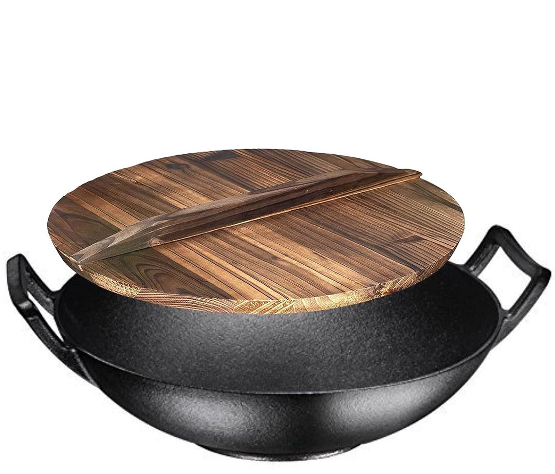 14 Inch Blue Enameled Cast Iron Wok/Pot - Bruntmor Nonstick Skillet Pan with Large Loop Handles for Versatile Cooking - Oven Safe & Electric Stovetop Compatible - Indoor and Outdoor Culinary Essential (Black With Lid)